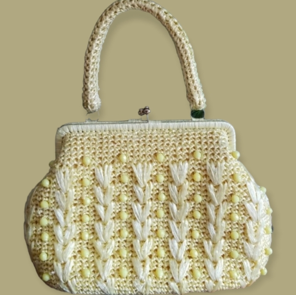 Vintage Mid Century Bradlees Yellow Straw Beaded Bag Made in Japan - Picture 6 of 11